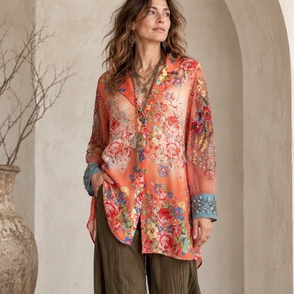 ARATTA Silent Journey Floral Button Up Blouse M Embroidered Mesh Sleeve Boho